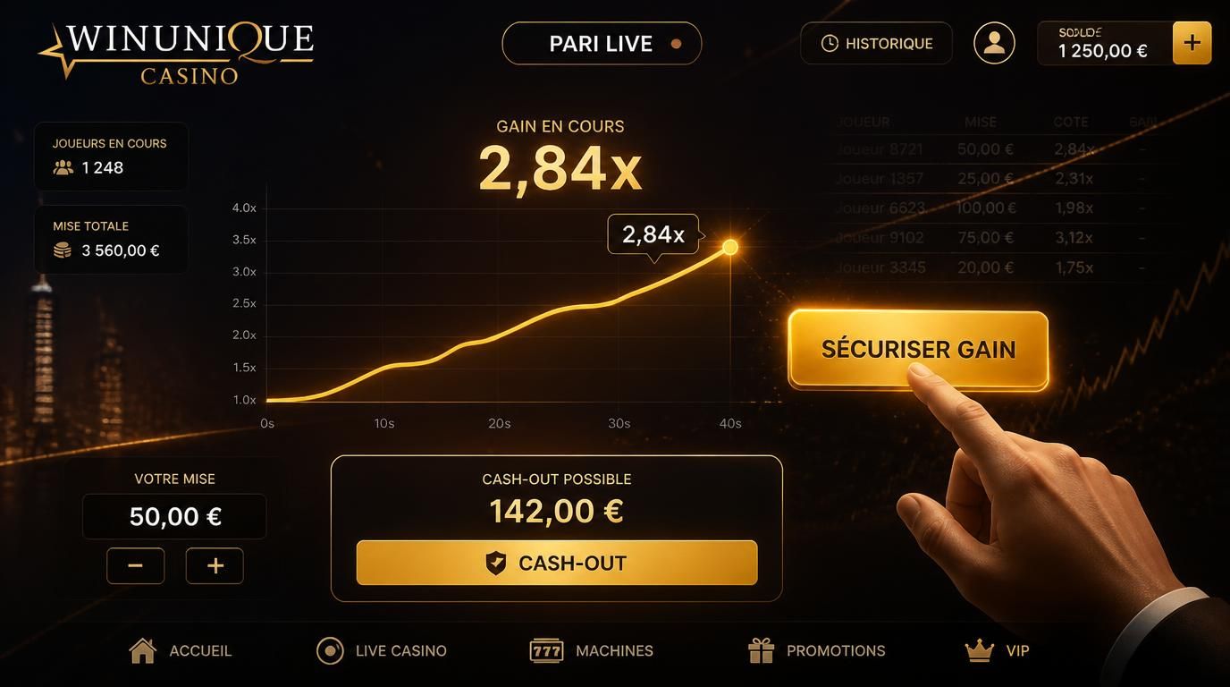 Un écran de pari live avec option Cash-Out et gain progressif visible