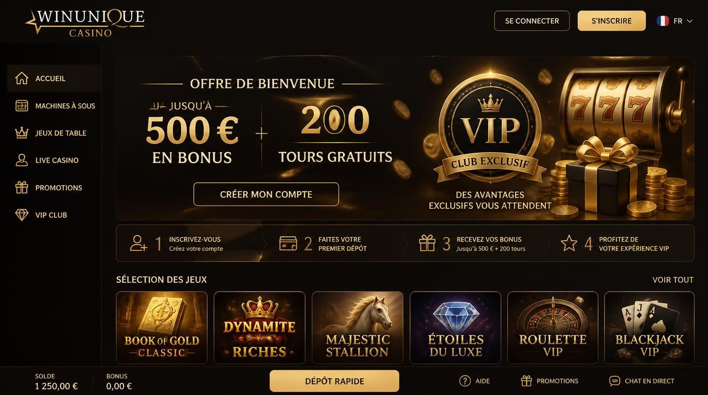 Interface de casino avec bonus de bienvenue et tours gratuits en style VIP.