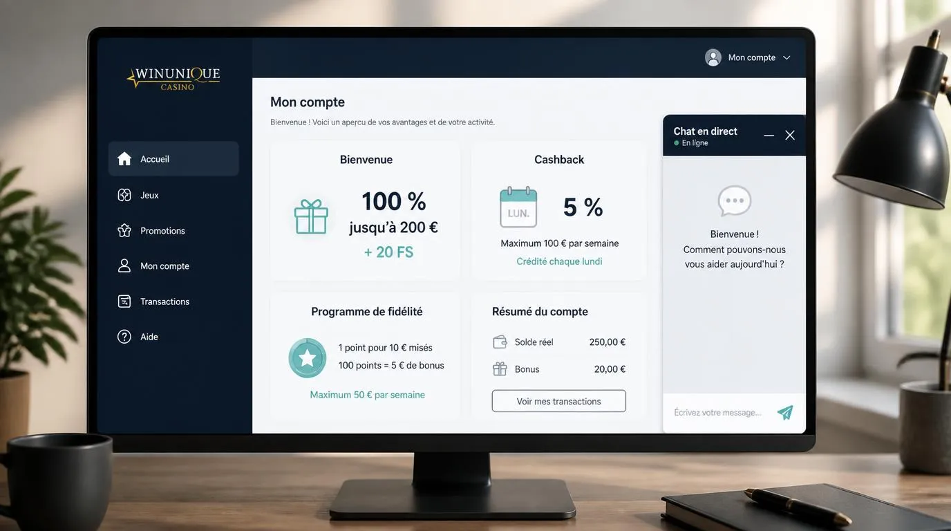 Tableau de bord avec offre de bienvenue, cashback du lundi, points de fidélité et bouton de chat en direct