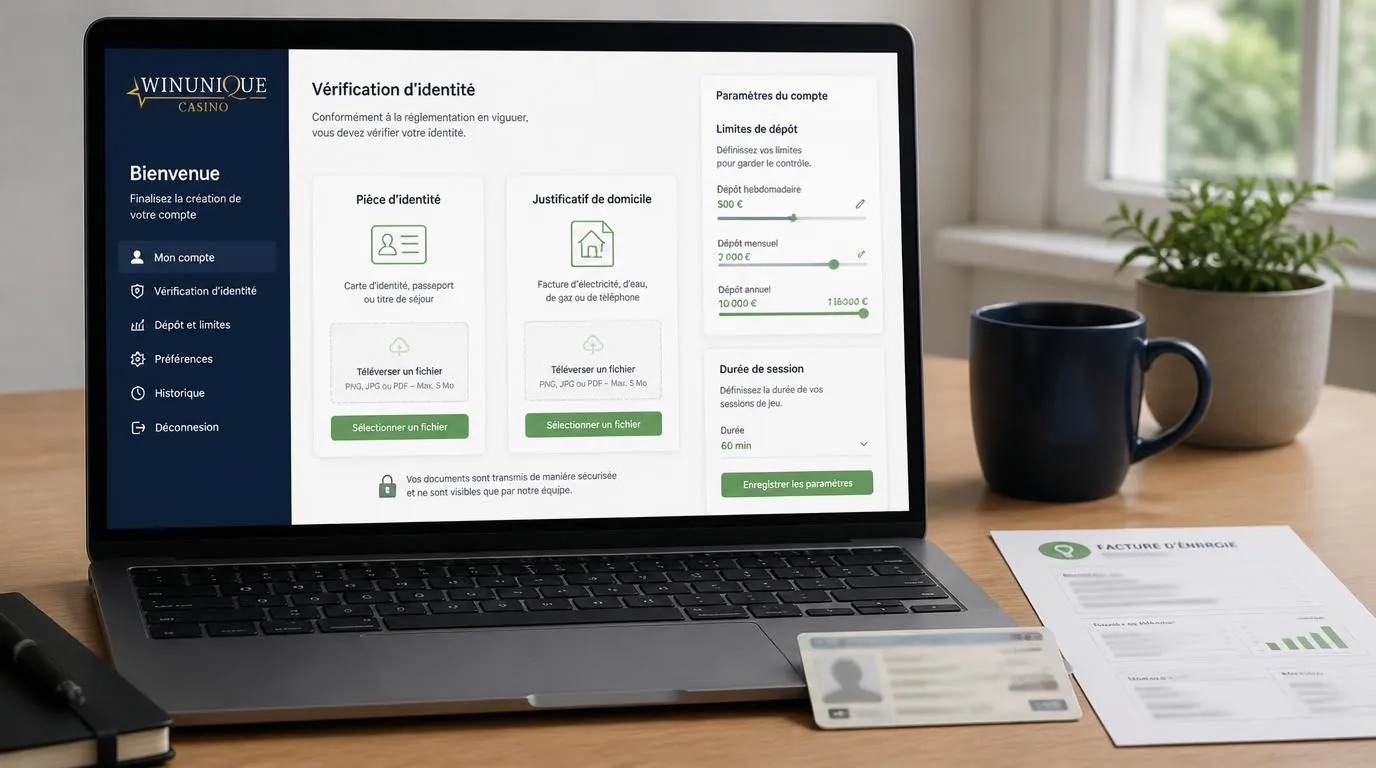 Interface de vérification du compte avec zones de dépôt pour une pièce d’identité et un justificatif de domicile