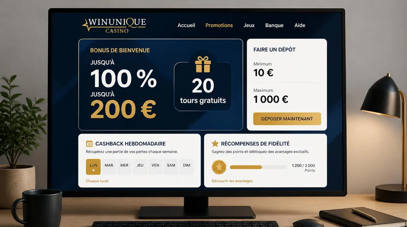 Interface de casino présentant le bonus de bienvenue, les limites de dépÎt et les récompenses hebdomadaires