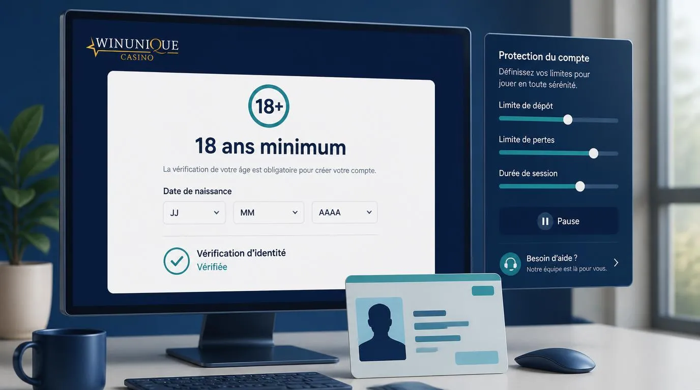Interface de vérification d’âge avec seuil de 18 ans, pièce d’identité fictive et réglages de limites de jeu