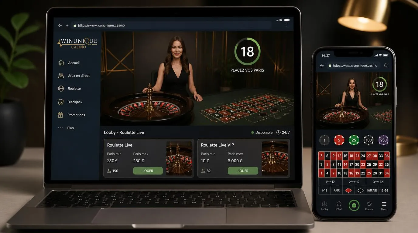Lobby de casino en direct sur ordinateur et mobile, avec croupier vidéo et limites de mise visibles