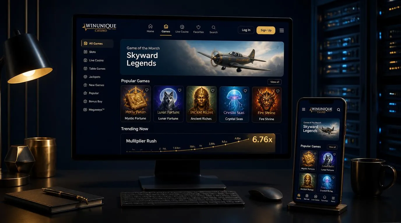 Interface de casino sur ordinateur et mobile, avec catalogue de jeux et infrastructure serveur en arriĂšre-plan