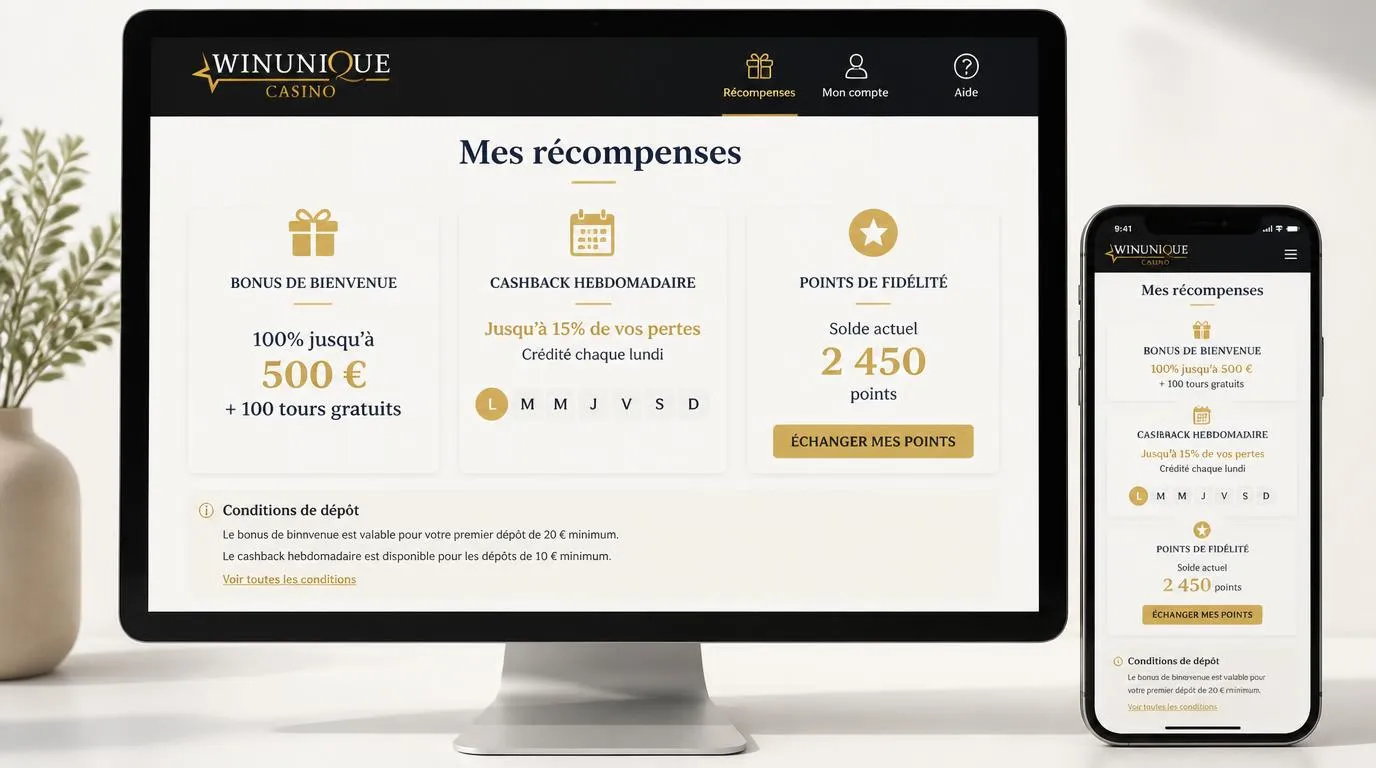 Tableau des bonus de bienvenue, du cashback et des récompenses hebdomadaires sur une interface de casino