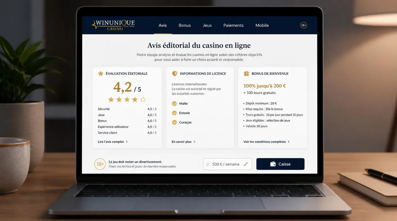 Interface de casino avec note éditoriale, informations de licence internationale et accÚs à la caisse